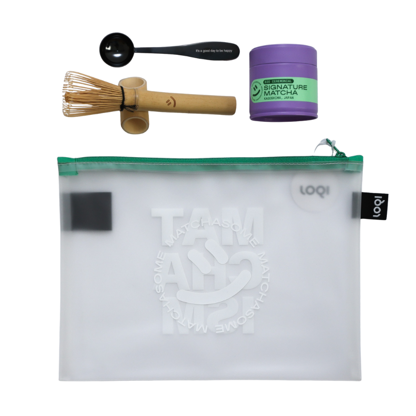 Matcha tea set with whisk, ceremonial grade matcha in a LOQI pouch