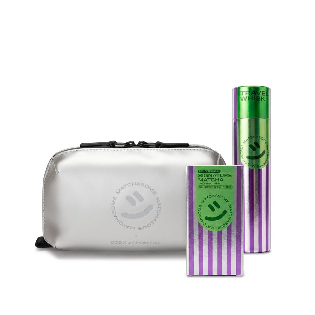 Silver matcha travel with single serve matcha sticks and travel whisk. Ucon Acrobatics pouch.
