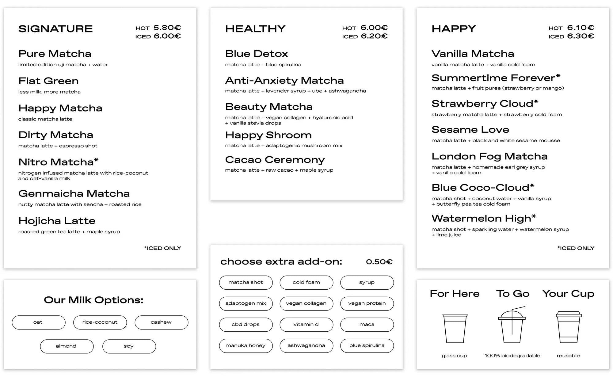 Getränke- und Speisekarte von Happy Matcha Café in Berlin.