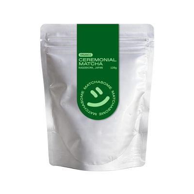 Der Matchasome Ceremonial Grade Barista Bio Matcha Tee in der 120g Beutel für Matcha Latte
