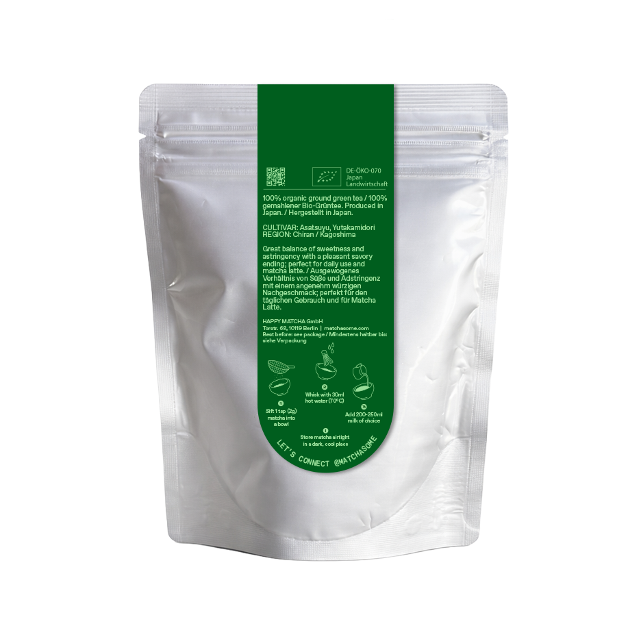 Der Matchasome Ceremonial Grade Barista Bio Matcha Tee in der 120g Beutel für Matcha Latte