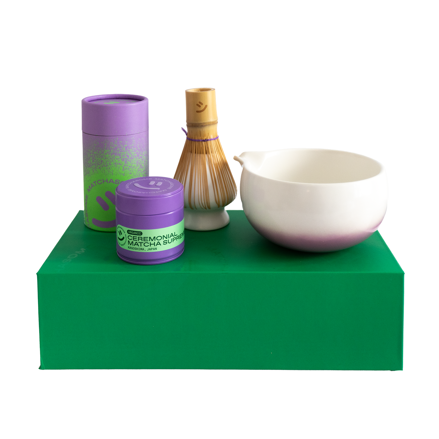 A set of matcha tea including 30g matcha, a bamboo whisk, a matcha bowl with a spout, and a whisk holder in a beautiful gift box