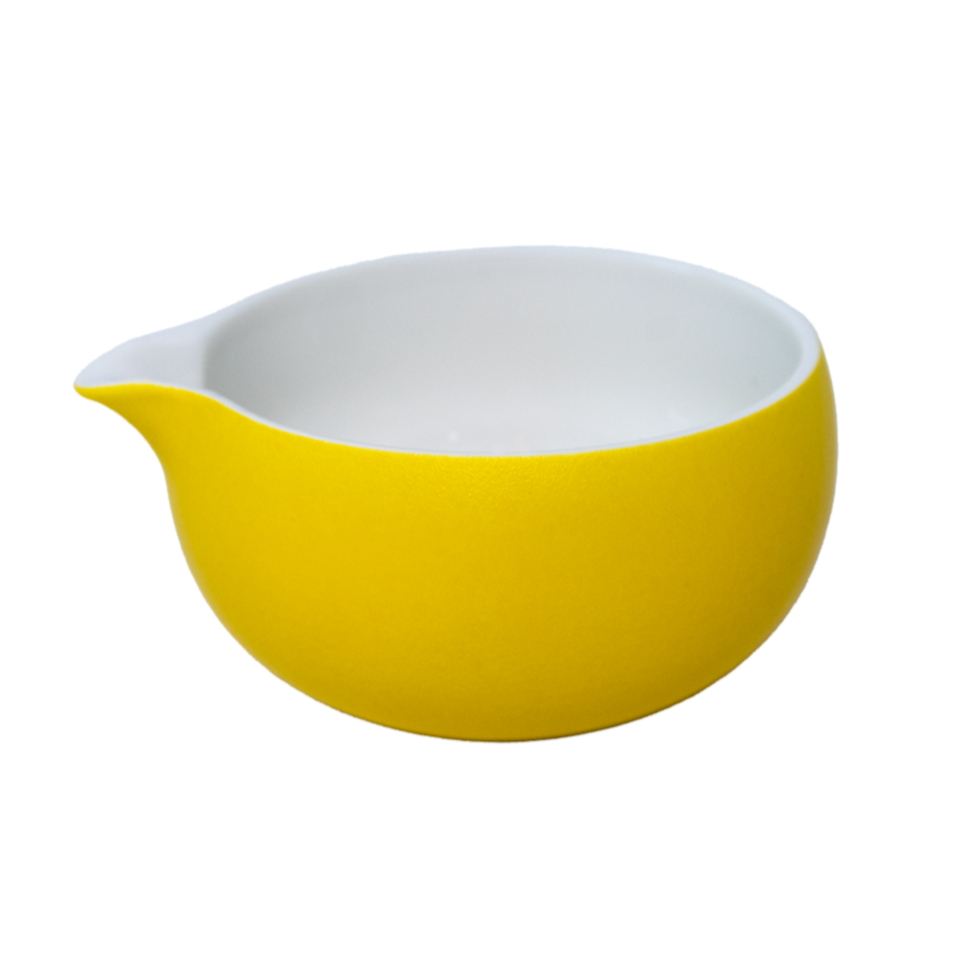 Yellow and white matcha bowl with spout