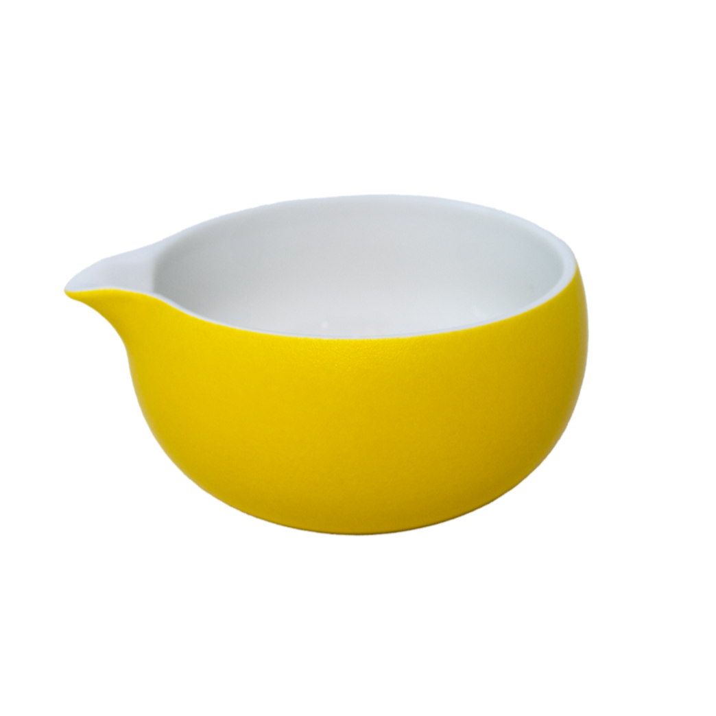 Yellow and white matcha bowl with spout