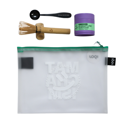 Matcha tea set with whisk, ceremonial grade matcha in a LOQI pouch