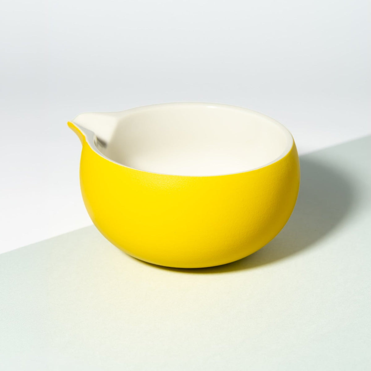 Yellow and white matcha bowl with spout